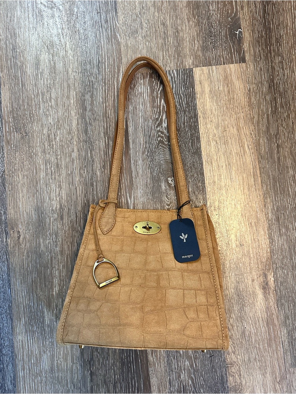 Margot Tan Suede Phoebe Medium Tote Bag - Croc-Embossed